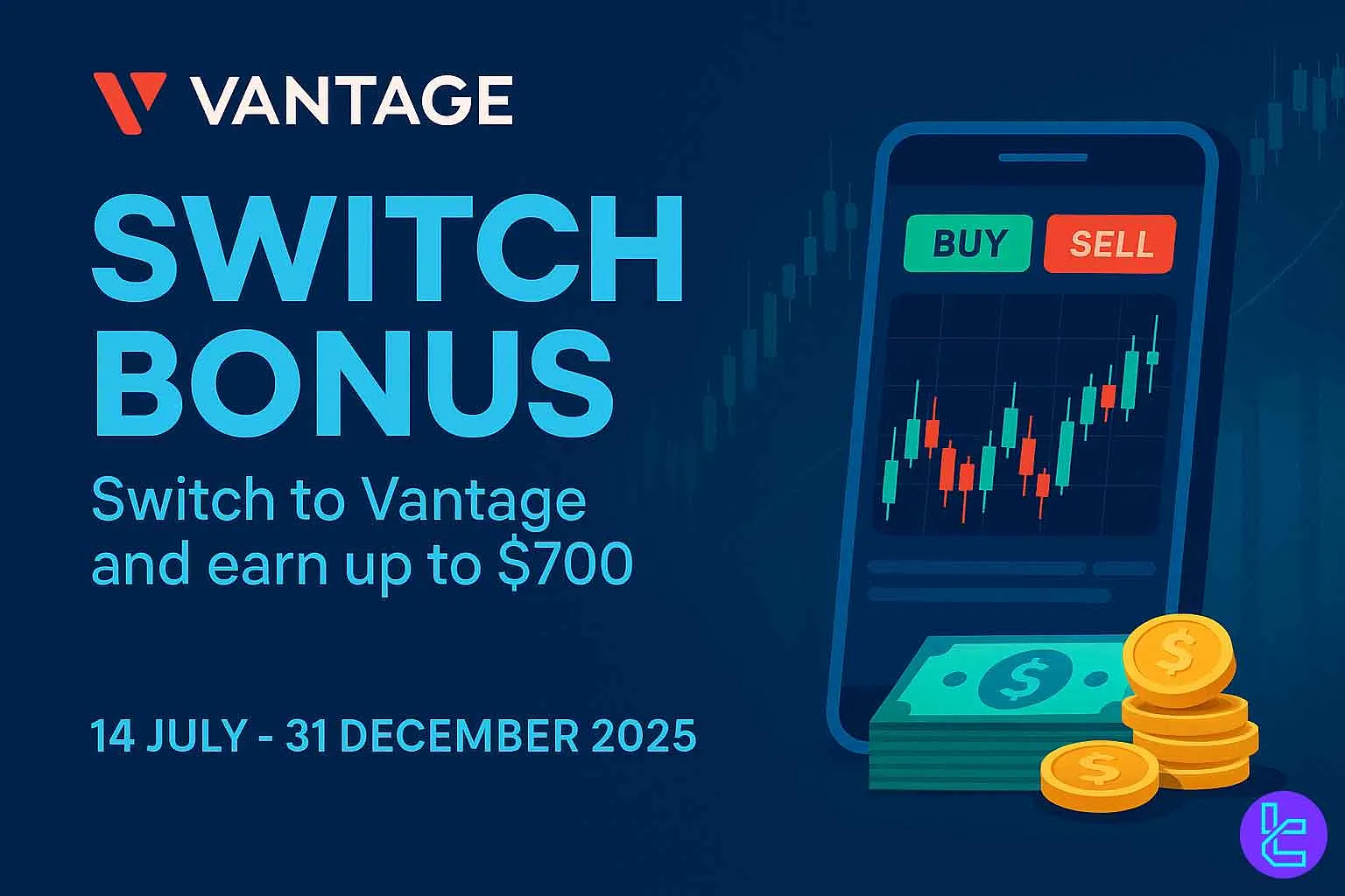 Futuristic blue-and-gold banner for Vantage Markets Switch Bonus campaign