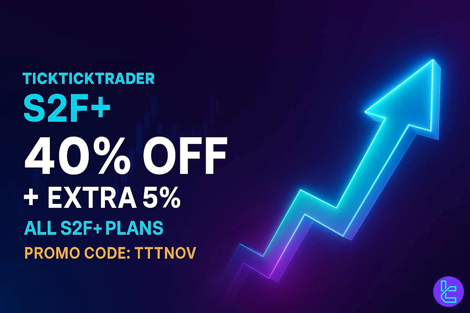 Futuristic blue-toned banner for TickTickTrader’s S2F+ 40% OFF promotion