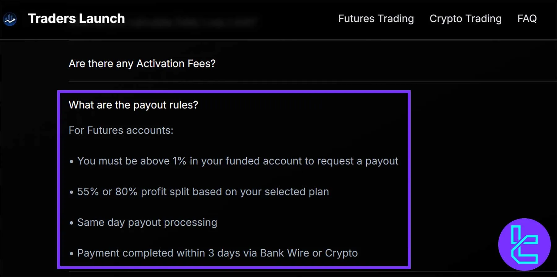 Traders Launch payout policy page displaying futures account rules