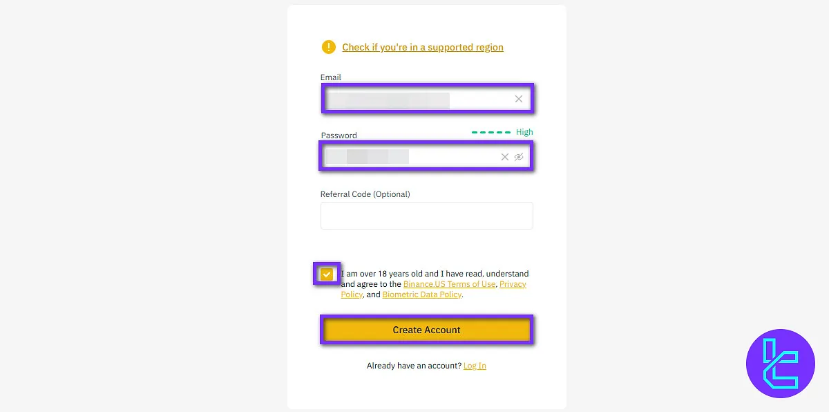 Binance.US registration form