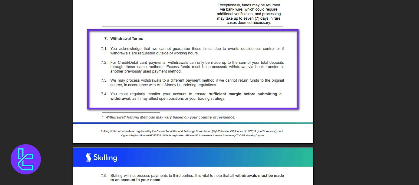 Skilling withdrawal methods