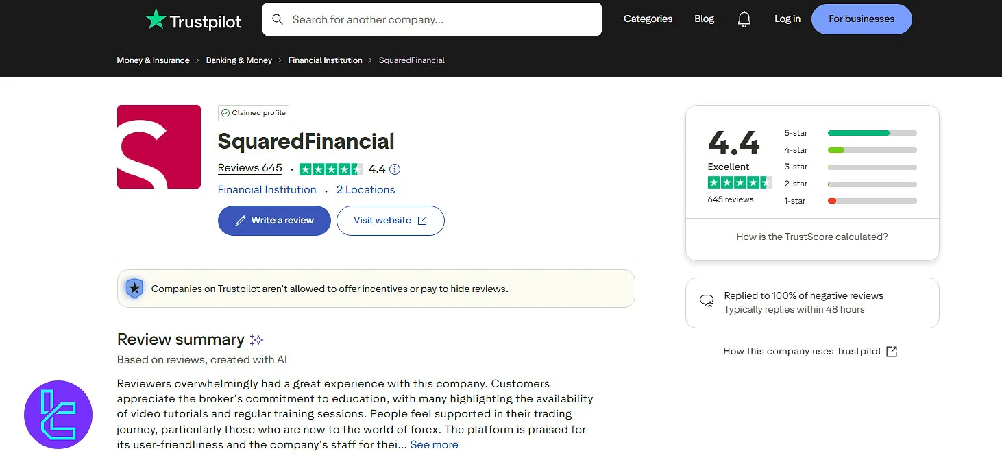 SquaredFinancial Trustpilot score