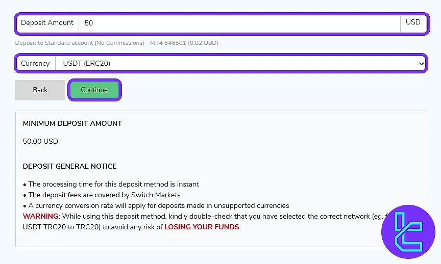 Switch Markets Deposit Amount Entry