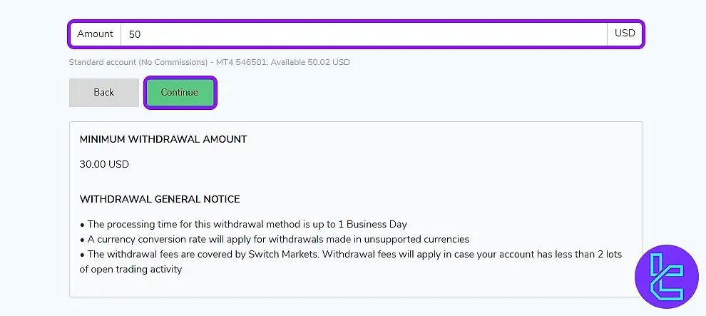 Switch Markets Withdrawal Amount