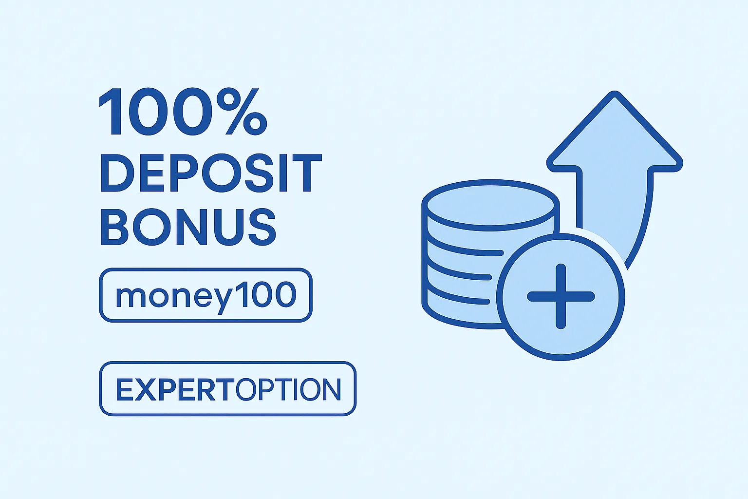 ExpertOption promo: 100% bonus with code MONEY100, 3D dollar coin, dark blue financial-themed background