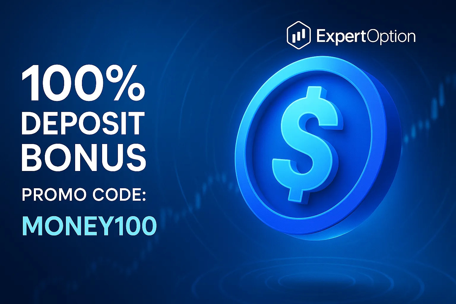 Promotional graphic for ExpertOption showing a 100% deposit bonus with the promo code MONEY100
