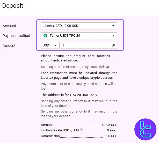 Libertex TRC20 payment method selection