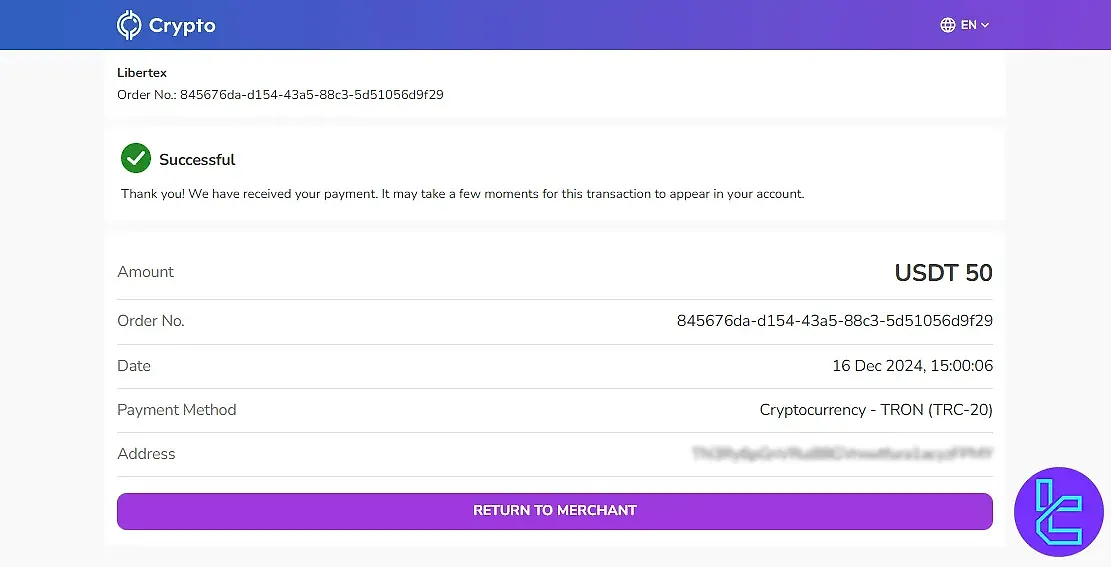 Libertex TRC20 fund transfer confirmation