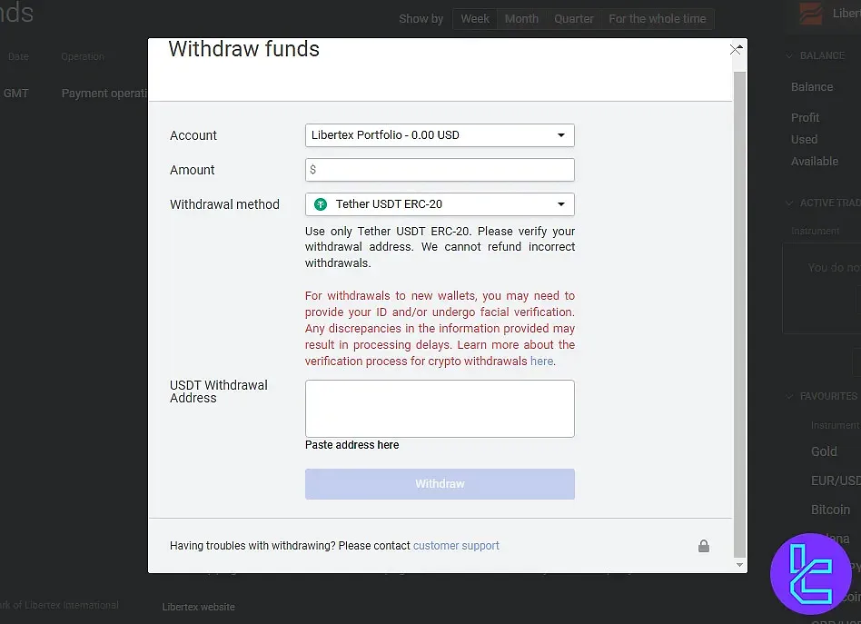 Libertex withdrawal initiation screen