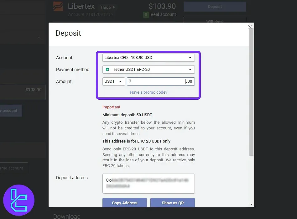 Libertex ERC20 deposit setup steps