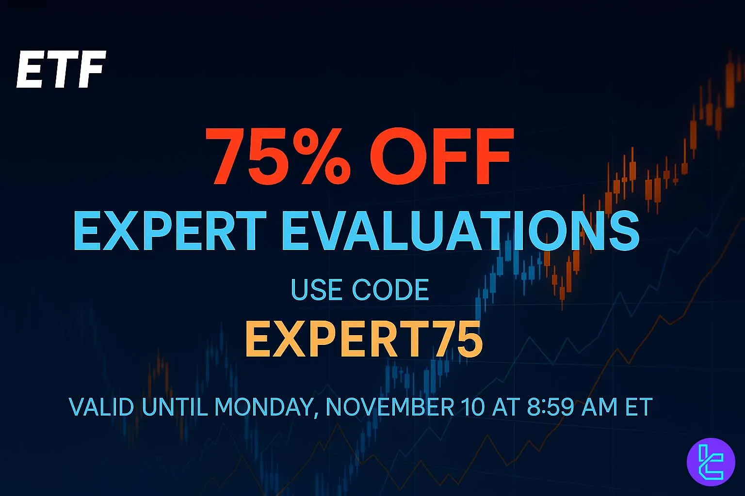 Professional blue-and-gold trading banner for ETF’s 75% OFF Expert Evaluation promotion