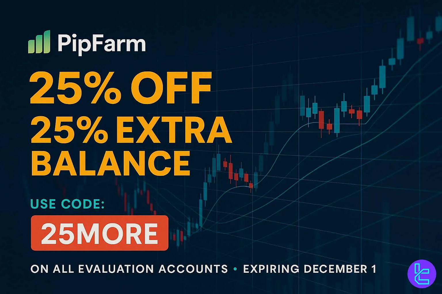 Minimal PipFarm promotional banner highlighting 25% OFF and 25% Extra Balance