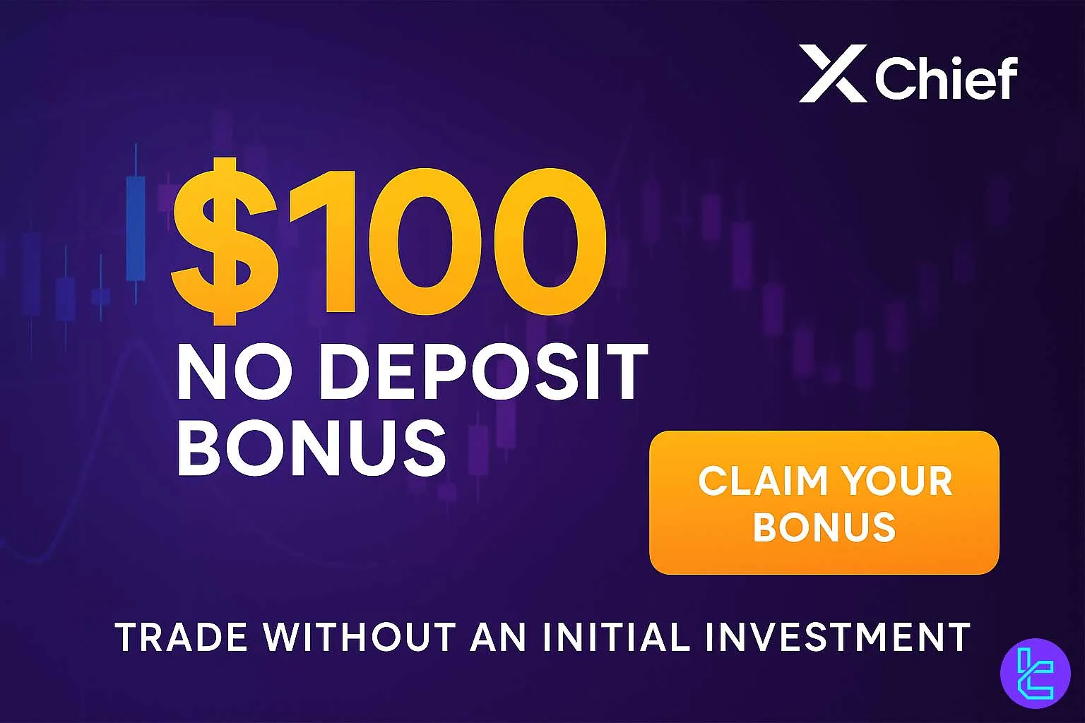 Purple gradient banner for XChief’s $100 No Deposit Bonus with glowing charts and “Claim Your Bonus”