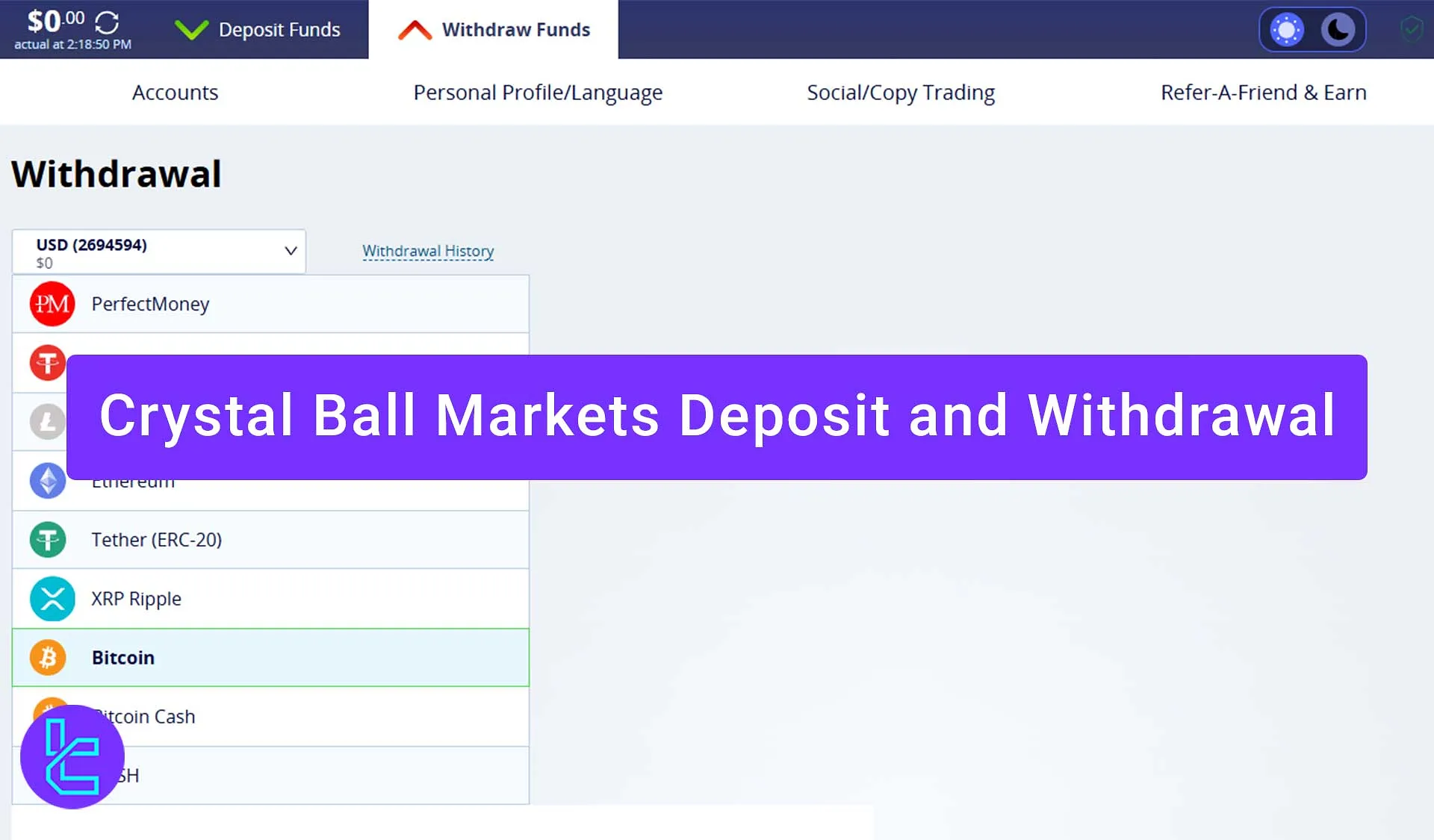 Crystal Ball Markets deposit and withdrawal options
