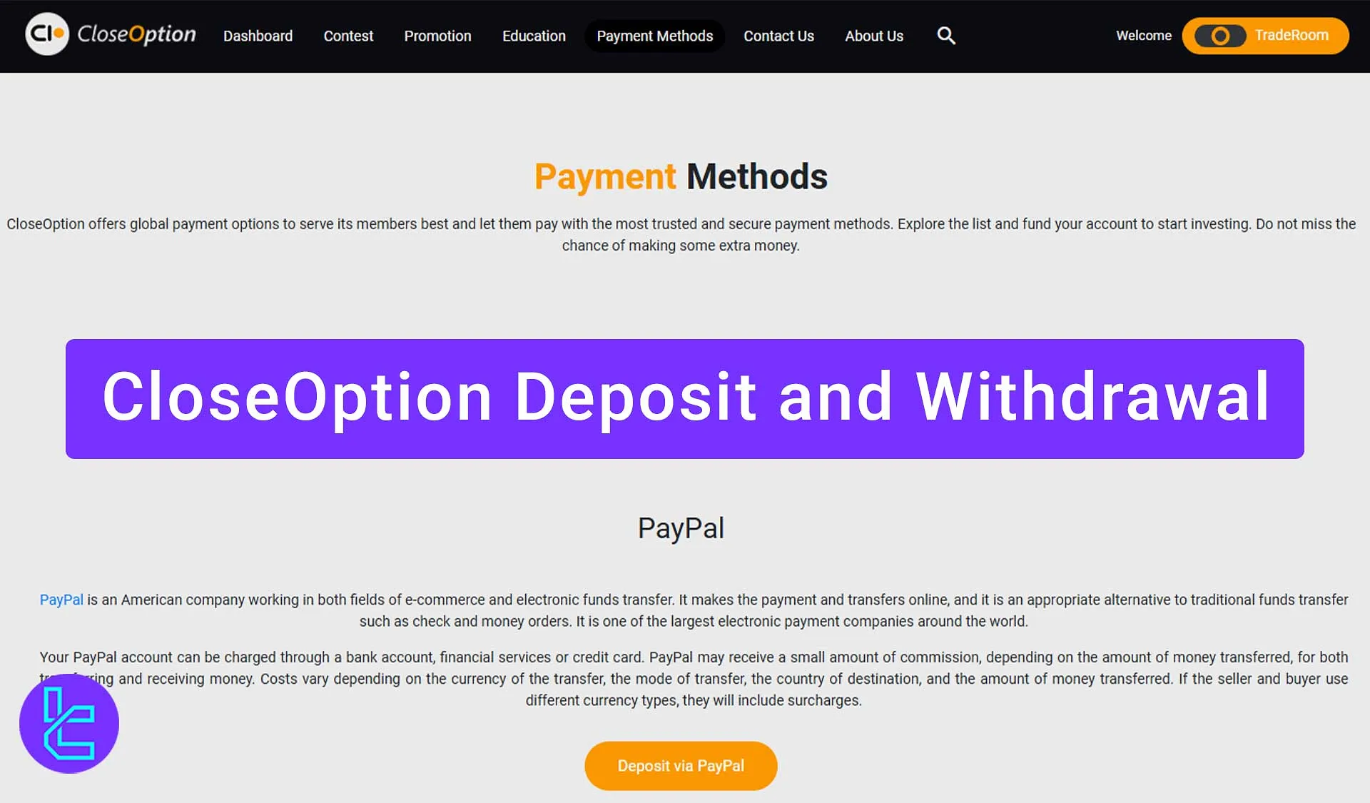 CloseOption deposit and withdrawal methods