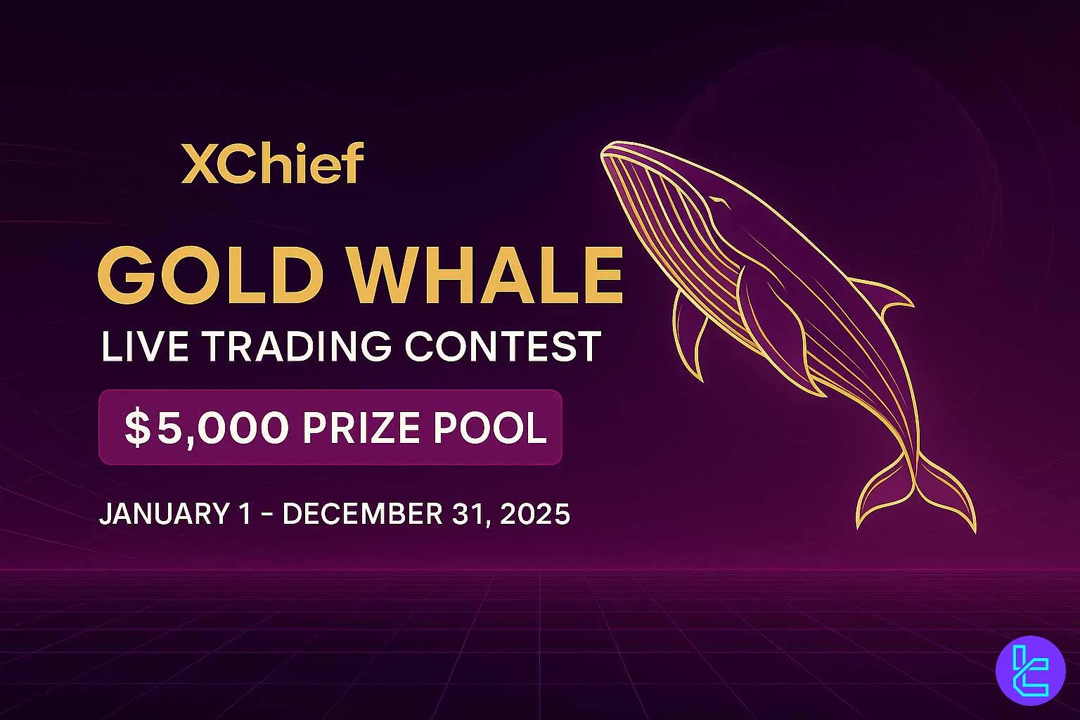 urple and gold gradient banner for XChief Gold Whale Live Trading Contest showing a golden whale