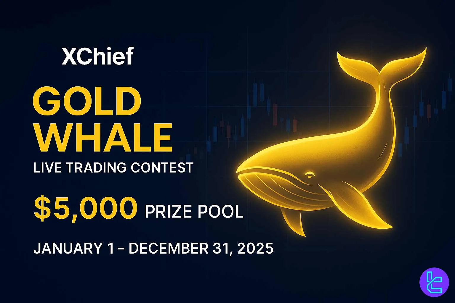 Dark blue and gold banner for XChief Gold Whale Live Trading Contest featuring a glowing golden whale