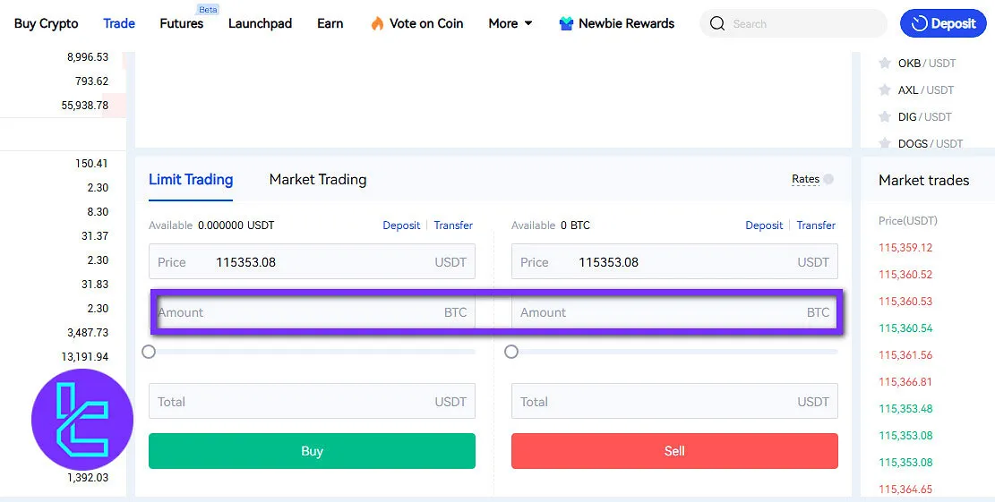 Setting trade volume on BiFinance