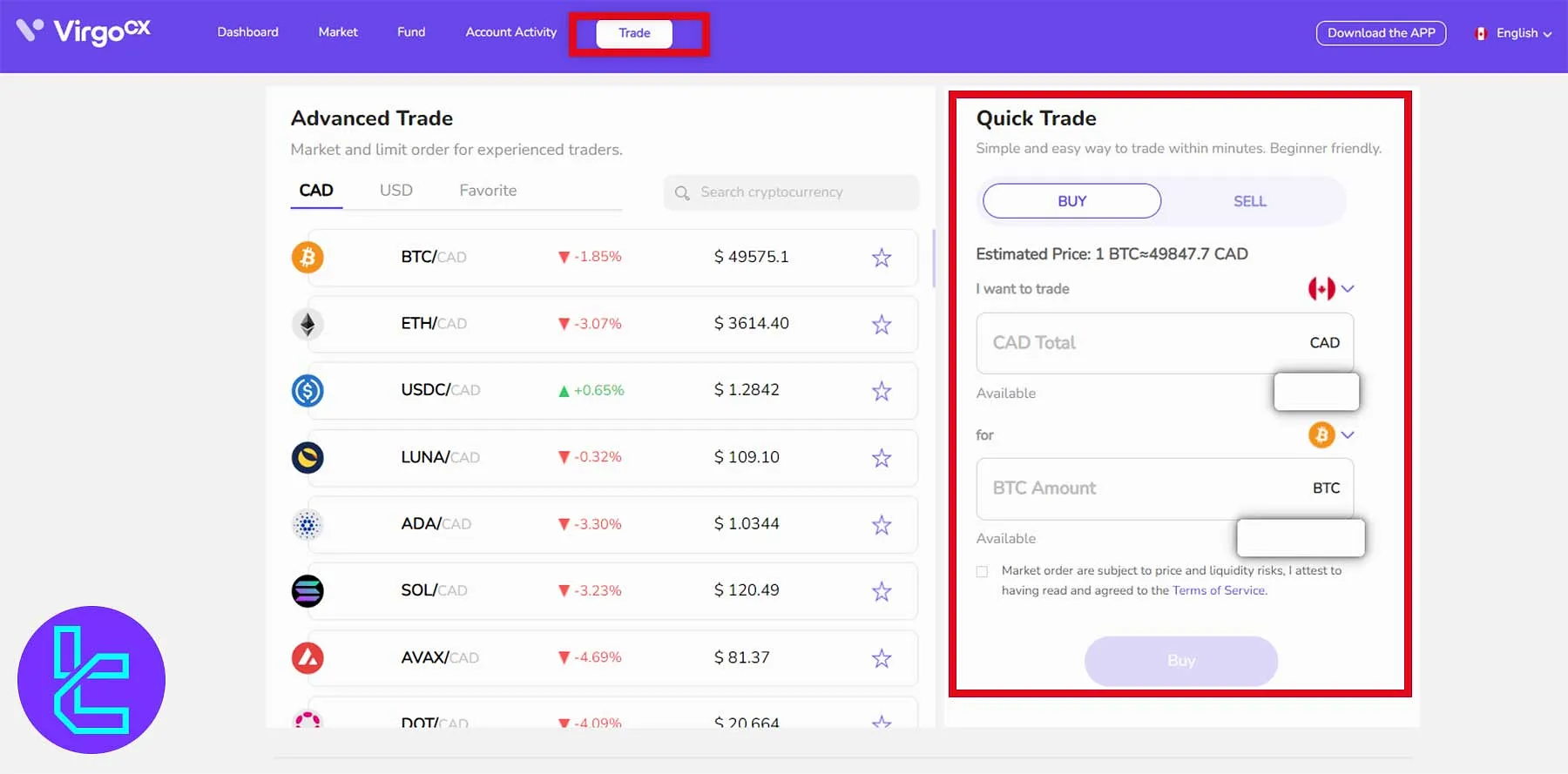 VirgoCX trade interface displaying live BTC/CAD conversion rates
