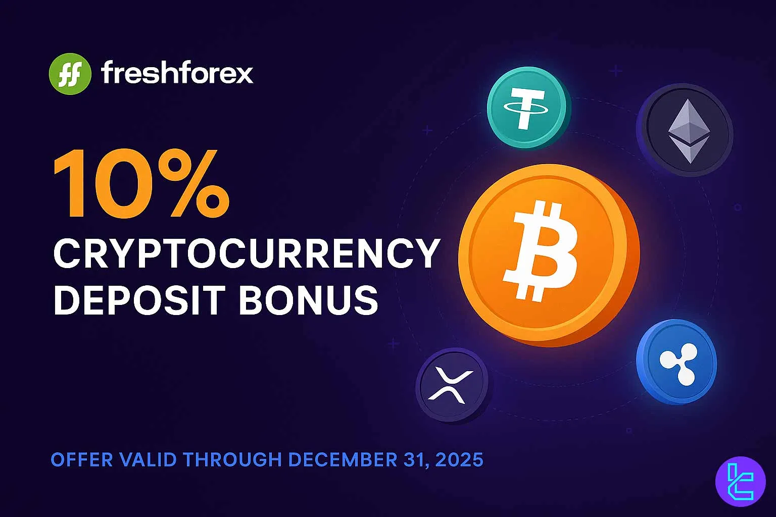 Modern blue-themed FreshForex ad featuring a golden Bitcoin surrounded by crypto icons