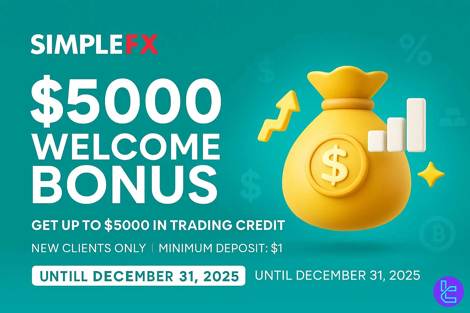 Futuristic banner for SimpleFX $5000 Welcome Bonus featuring blue trading charts