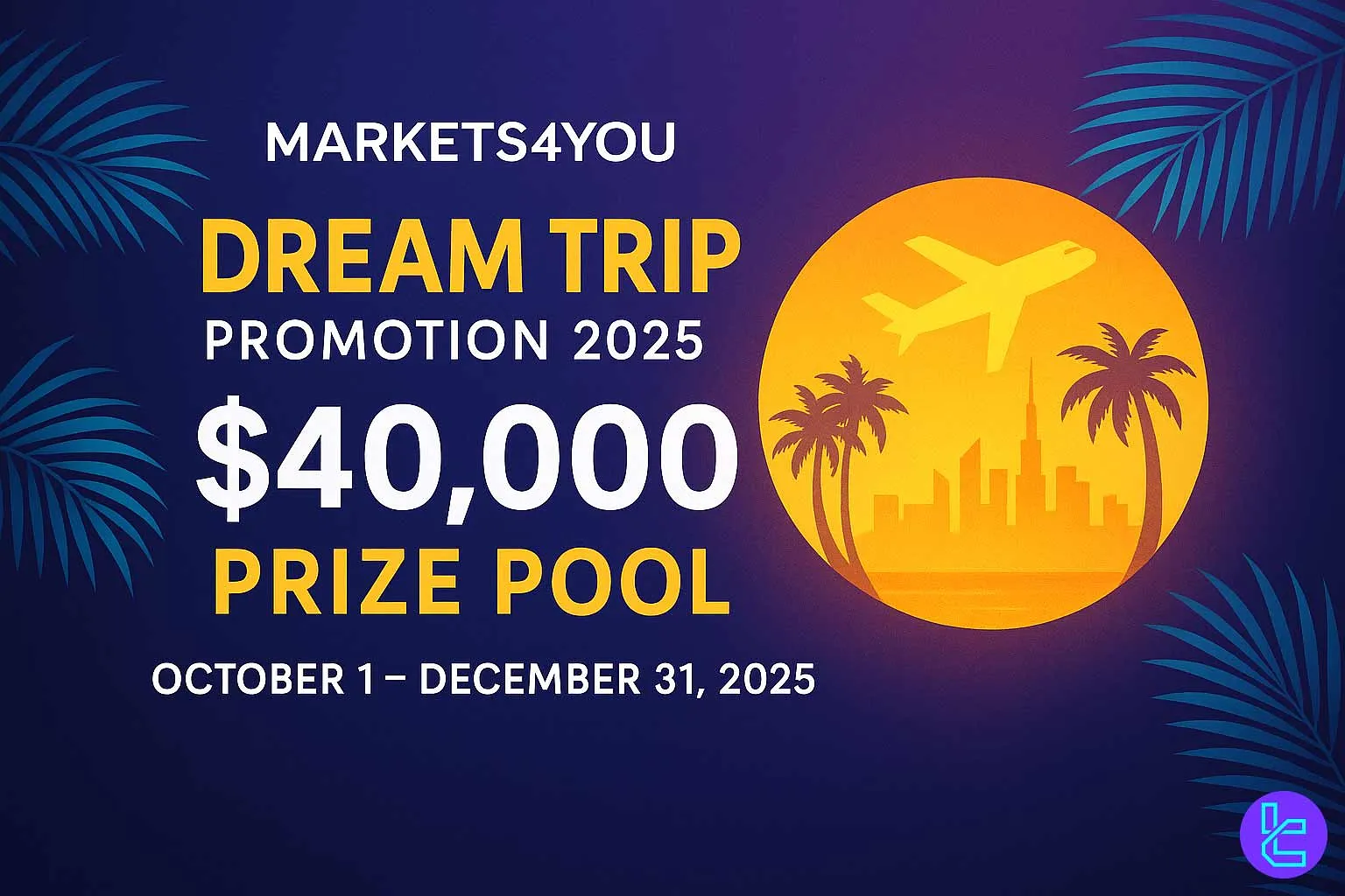 Tropical-themed Markets4you Dream Trip Promotion 2025 banner with airplane, palm trees, and a $40,000 prize pool