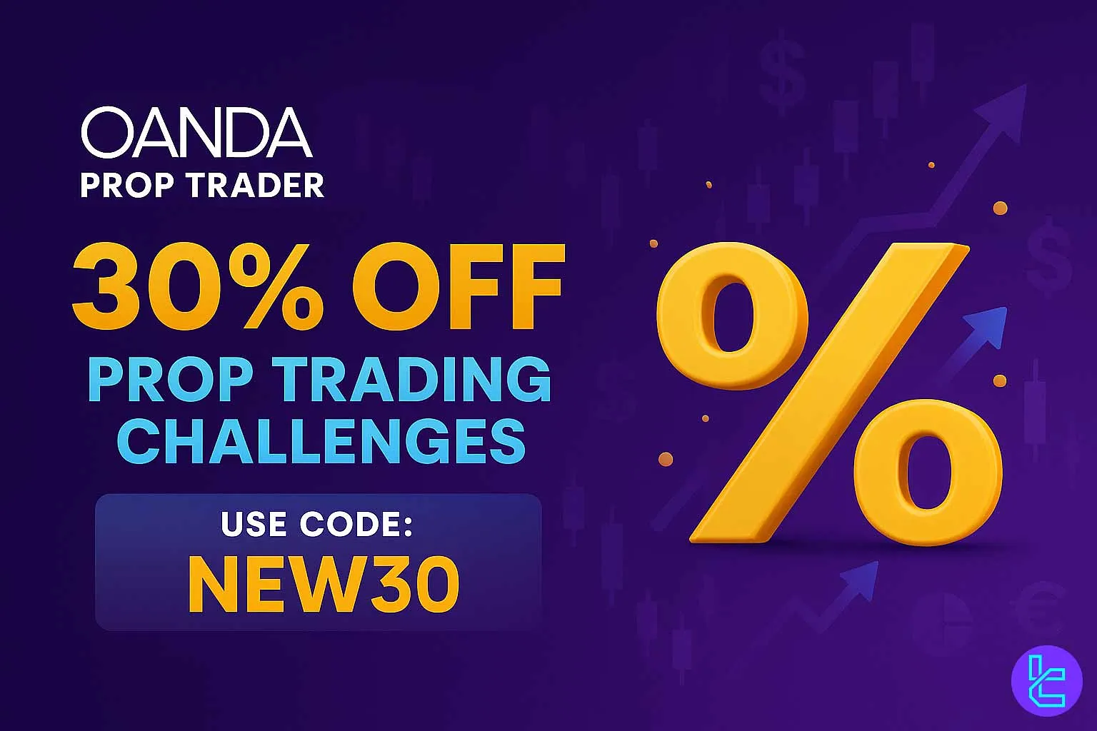 Bold OANDA Prop Trader banner highlighting a 30% OFF promo with code NEW30 on a purple background