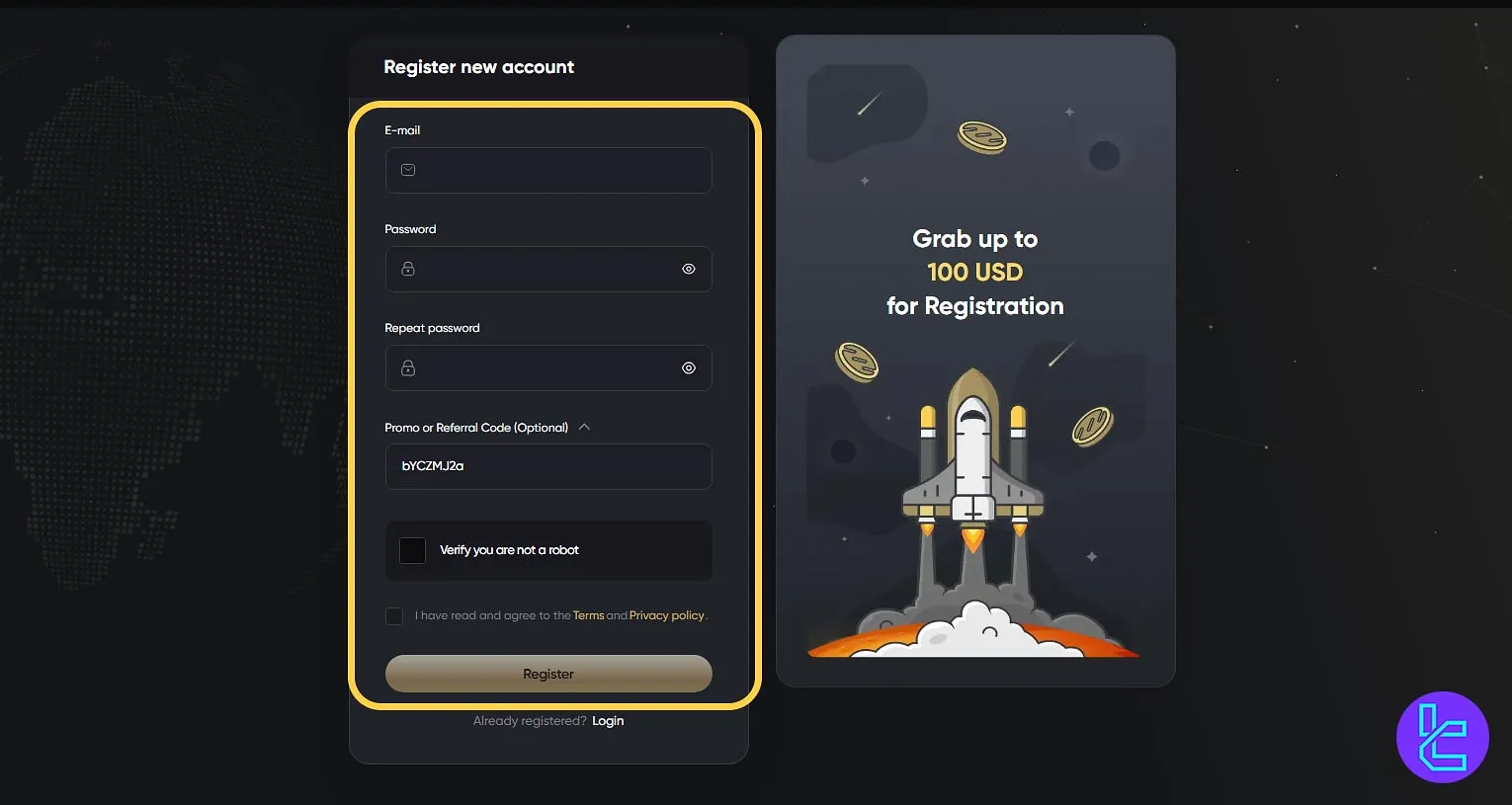 Enter email for Slex Exchange registration