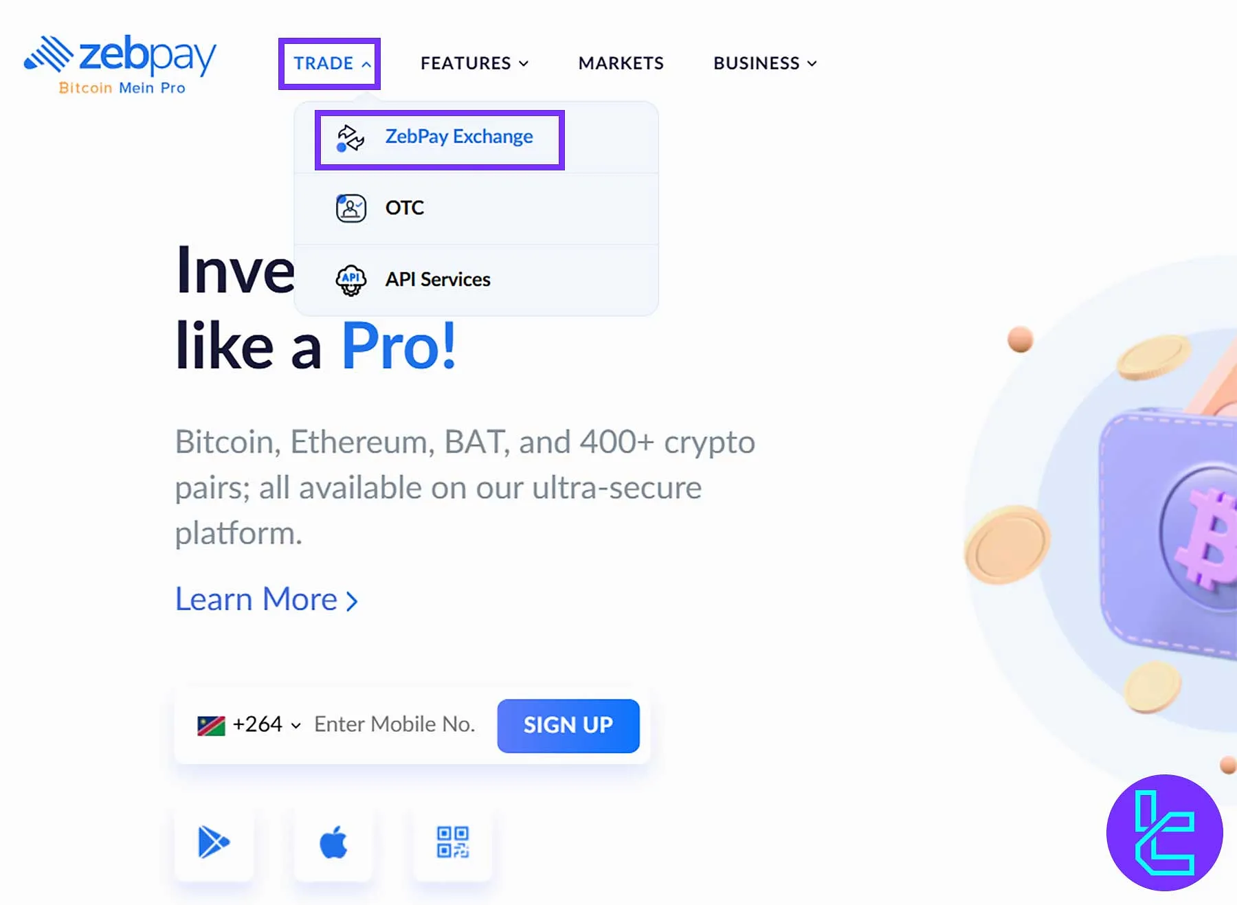 ZebPay trading interface showing Exchange, OTC, and API options under Trade menu