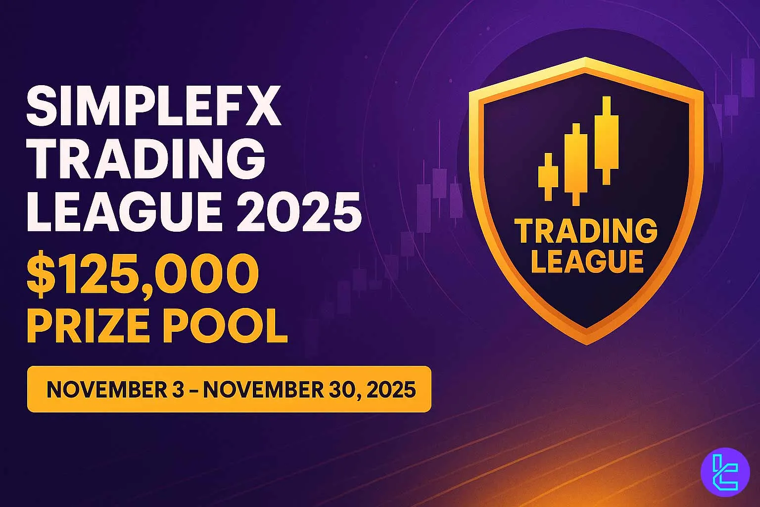 Dynamic purple and gold-themed banner for SimpleFX Trading League 2025