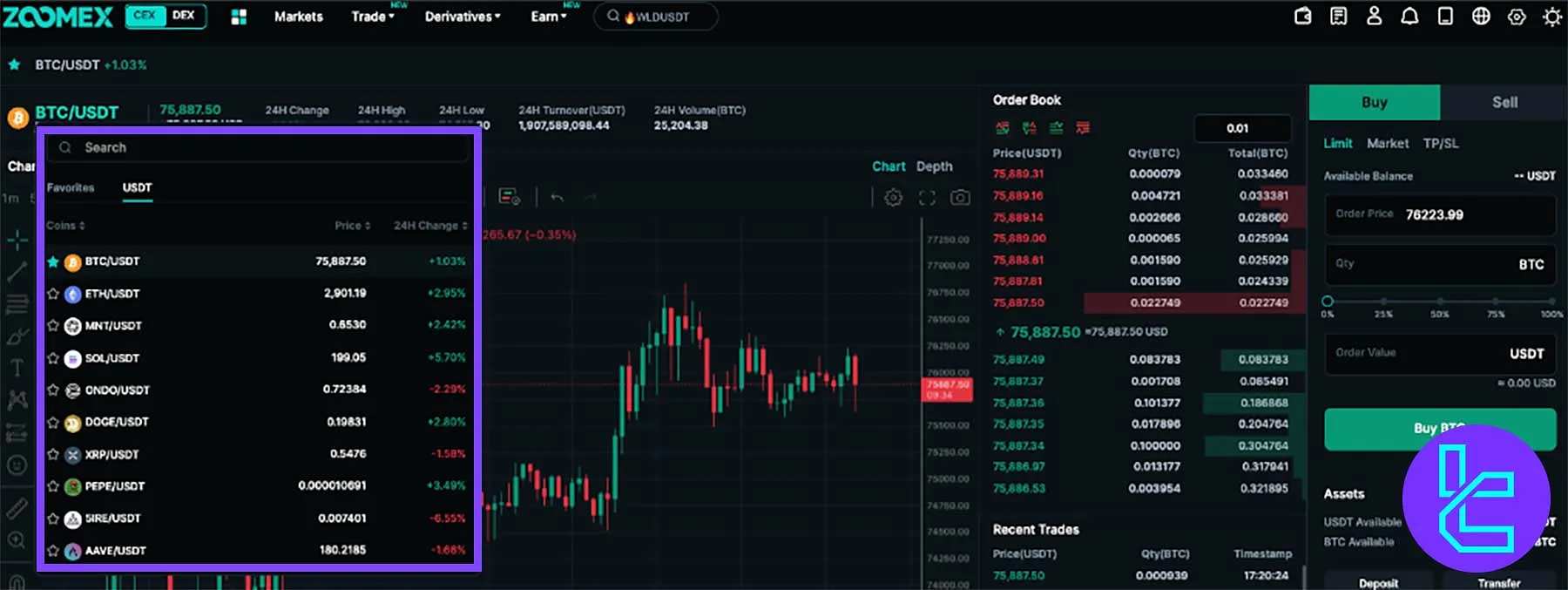 Zoomex spot trading interface showing available trading pairs and 24-hour performance