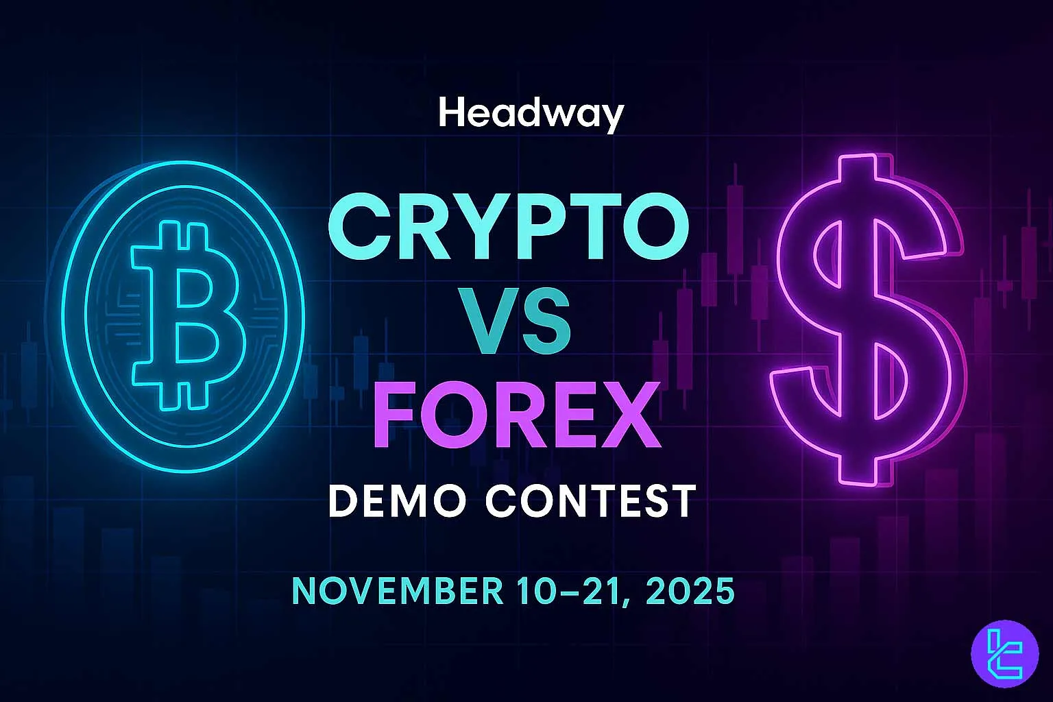 Headway’s Crypto vs Forex Demo Contest showing glowing Bitcoin and Dollar symbols