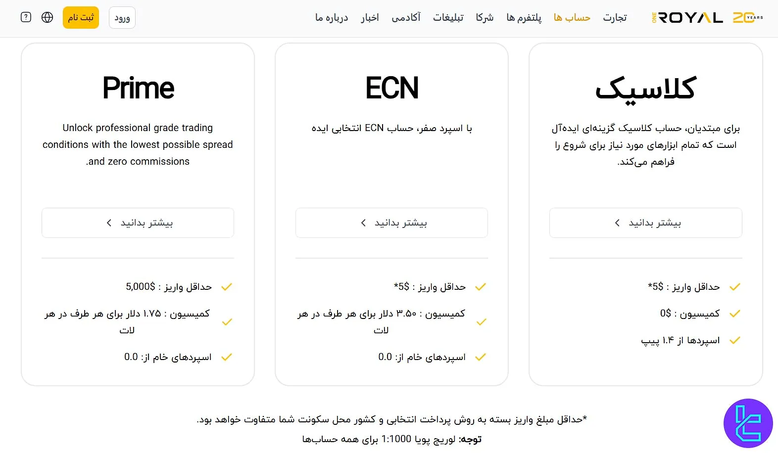 انواع حساب وان رویال