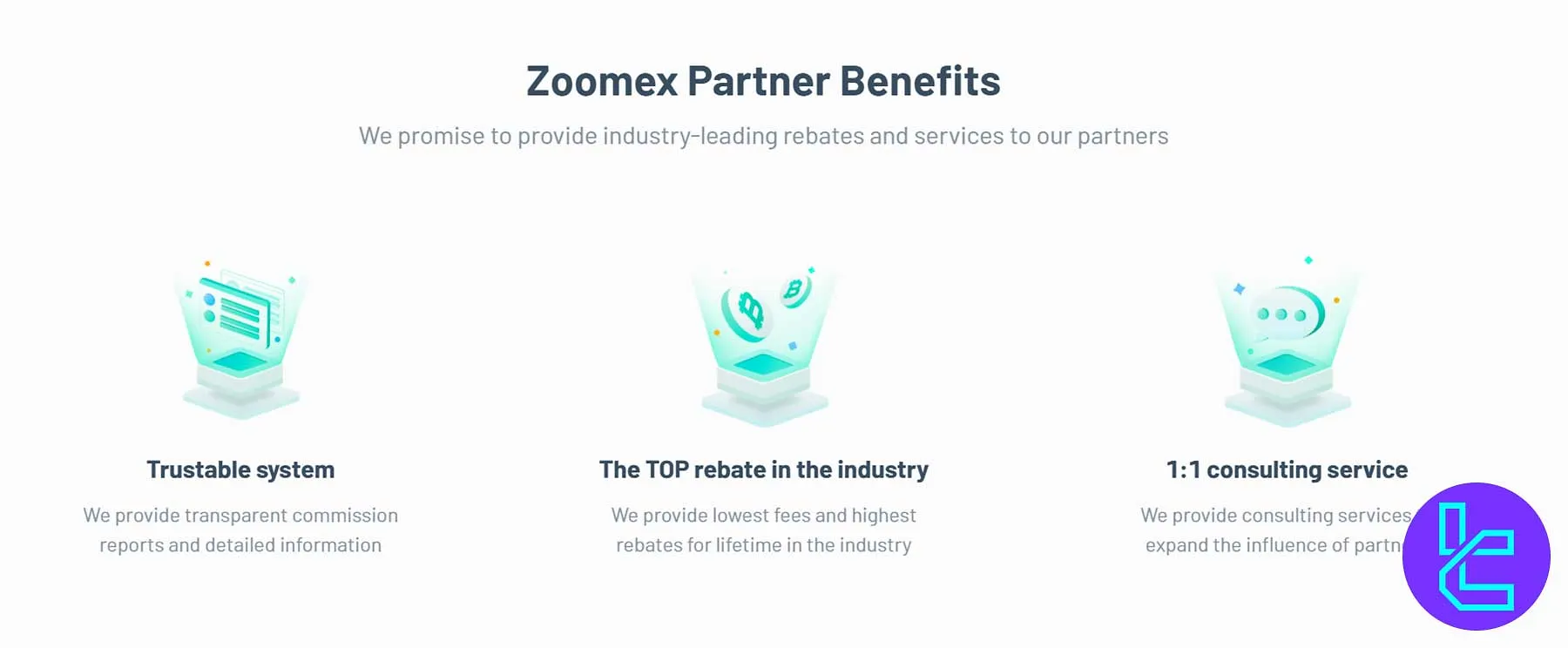 Zoomex Partner Program section showing trustable system and rebate icons