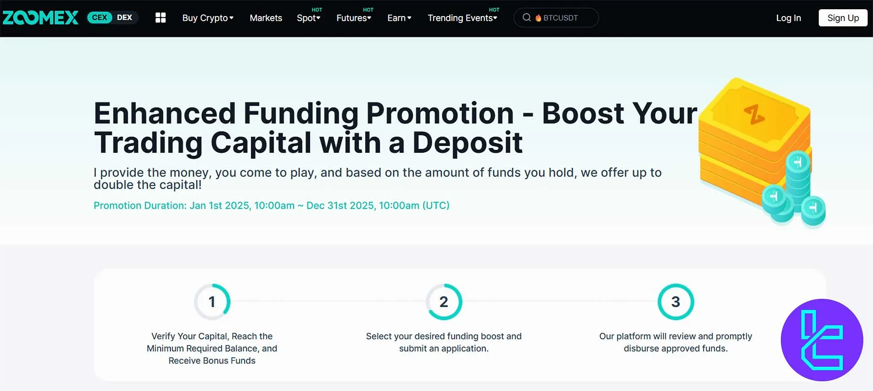 Zoomex Enhanced Funding Promotion 2025 interface showing 2× deposit bonus option