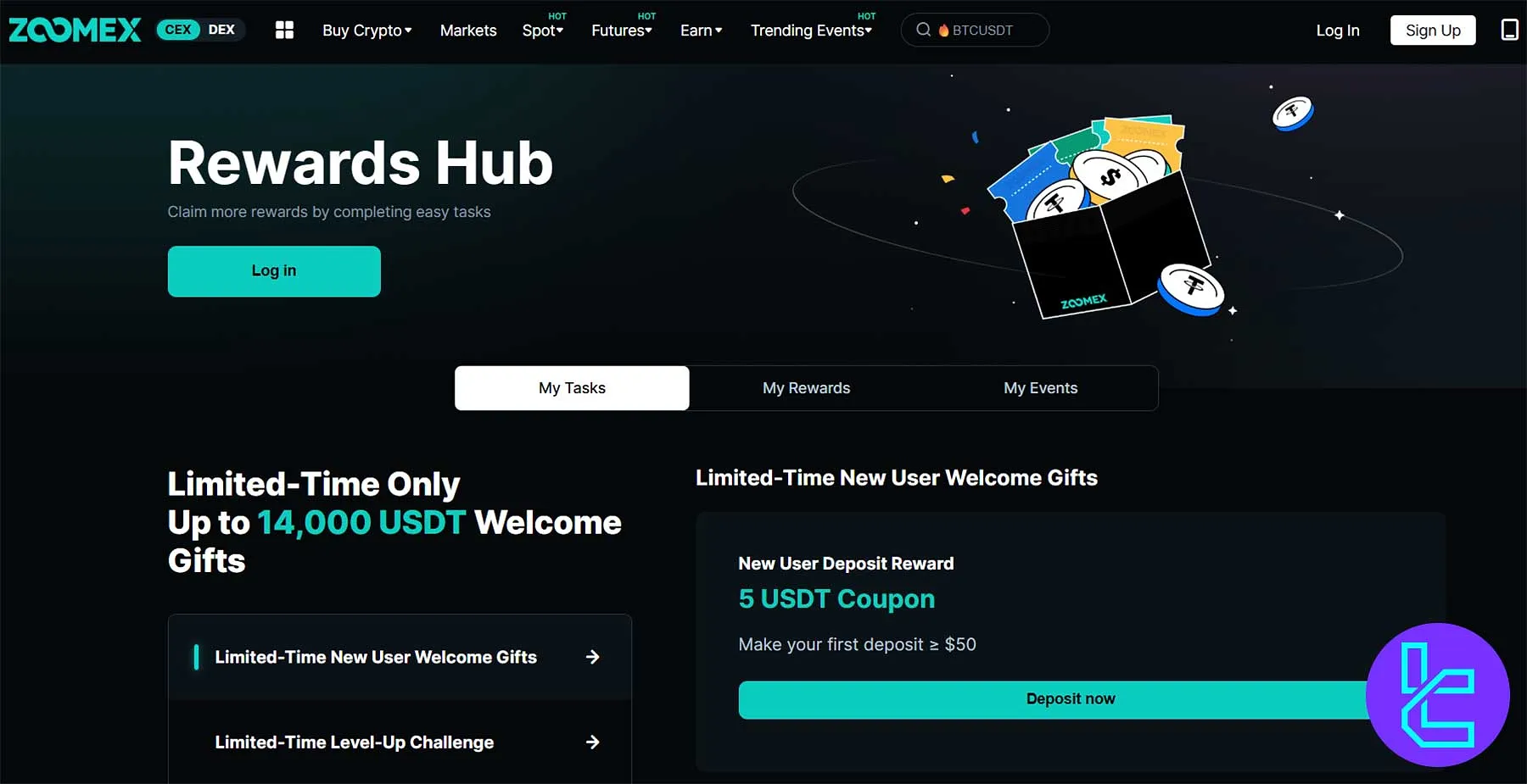 Zoomex Rewards Hub interface highlighting 14,000 USDT welcome gifts