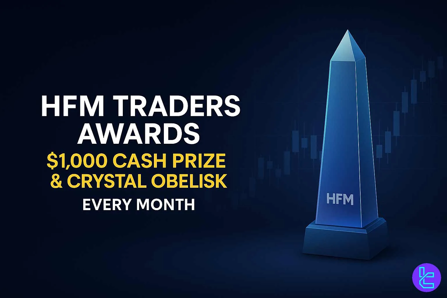 Elegant dark blue banner for the HFM Traders Awards showing a glowing blue crystal obelisk trophy