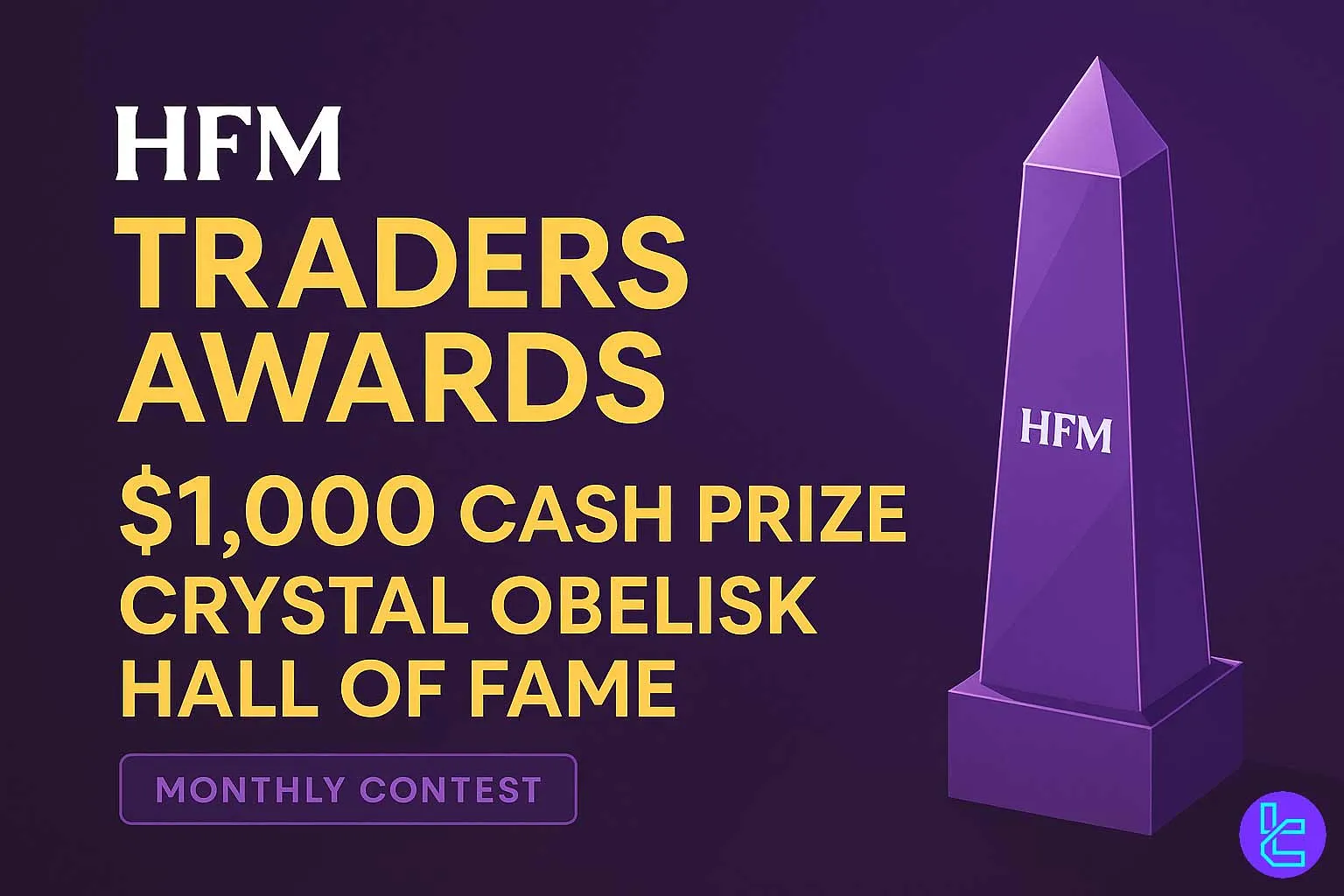 Vibrant purple and gold banner for the HFM Traders Awards highlighting a crystal obelisk trophy
