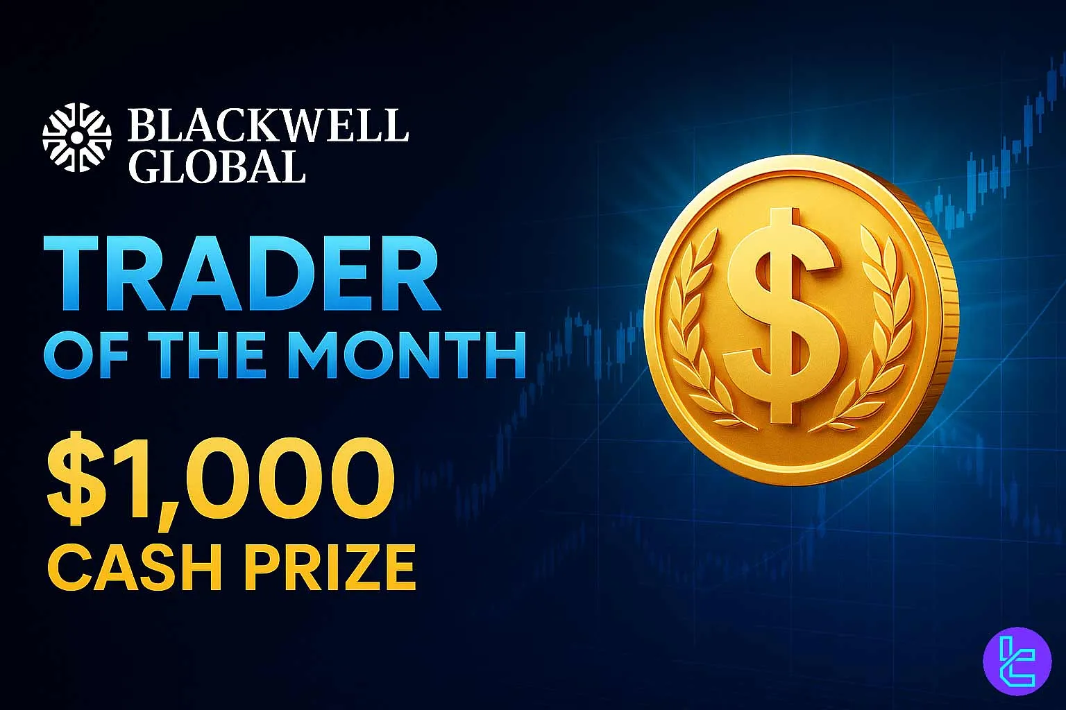 Elegant banner for Blackwell Global’s Trader of the Month contest showing a gold coin with dollar symbol
