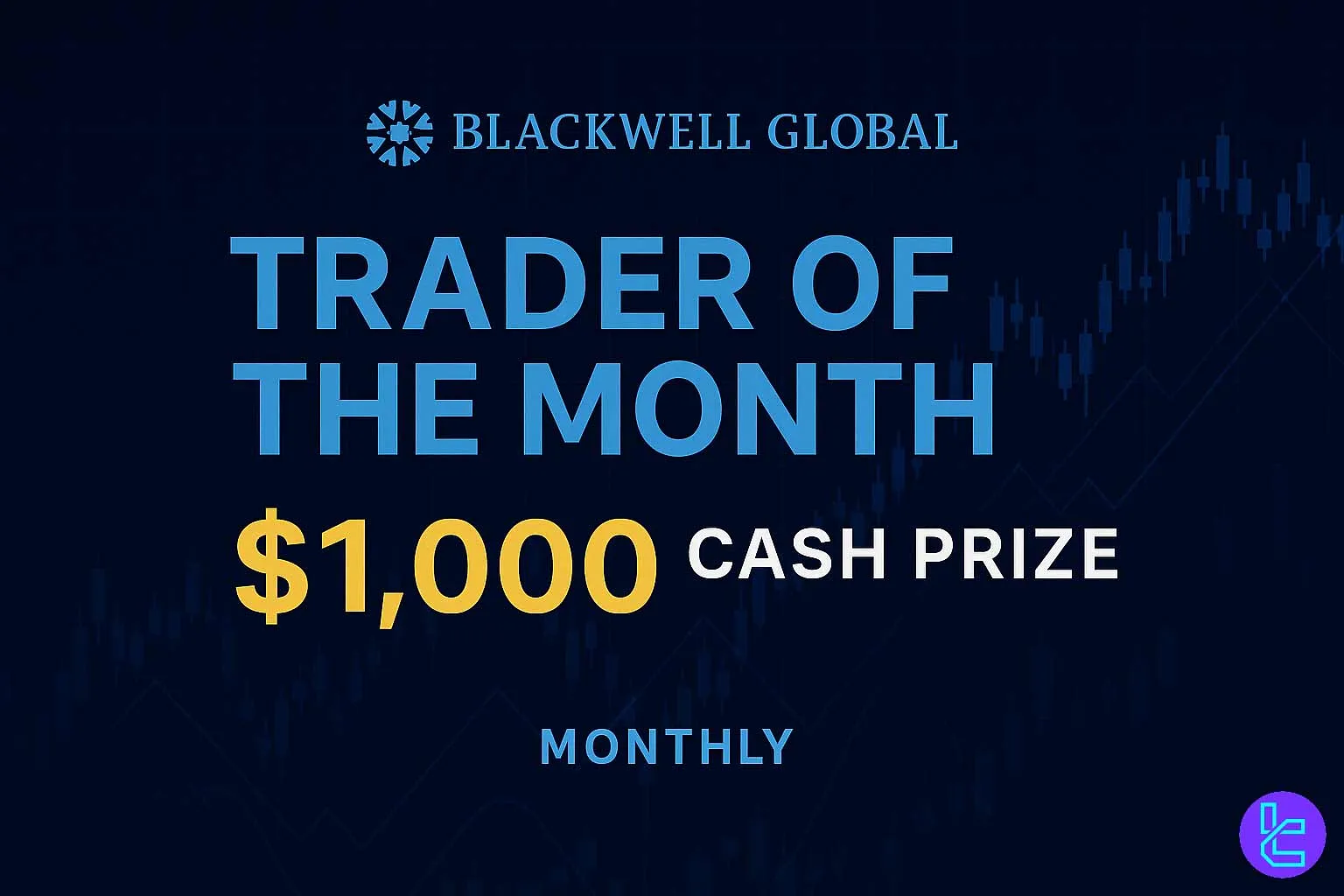 Modern dark-blue banner for Blackwell Global’s Trader of the Month contest featuring glowing charts