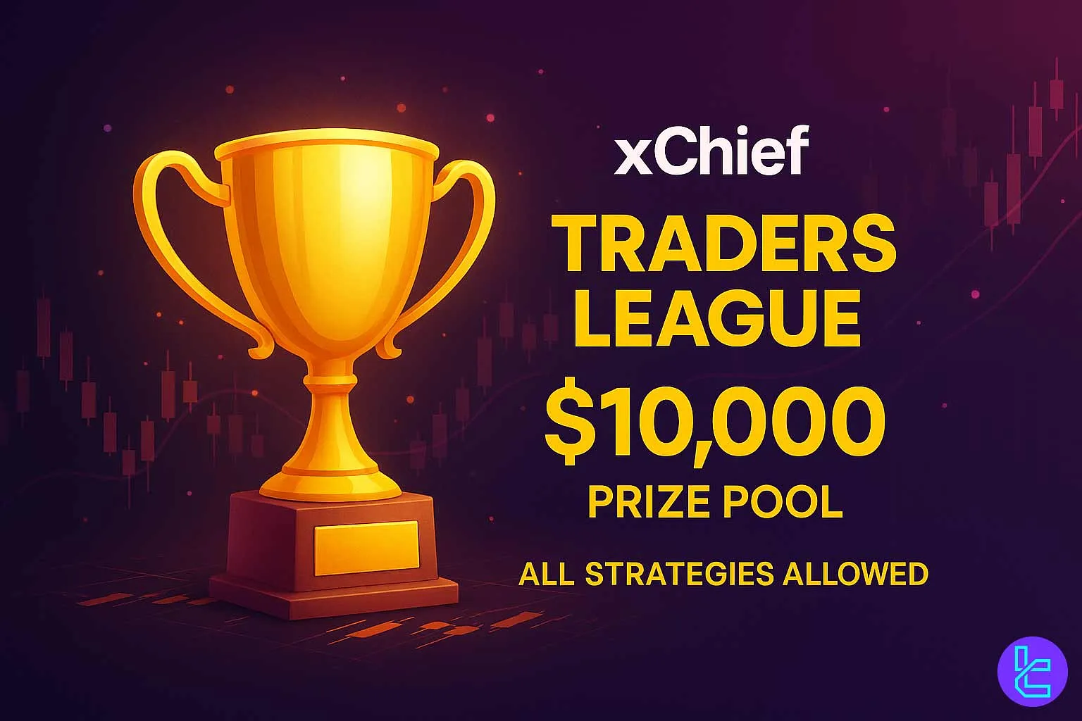 Vibrant purple-orange xChief Traders League banner featuring a glowing trophy and minimal contest details