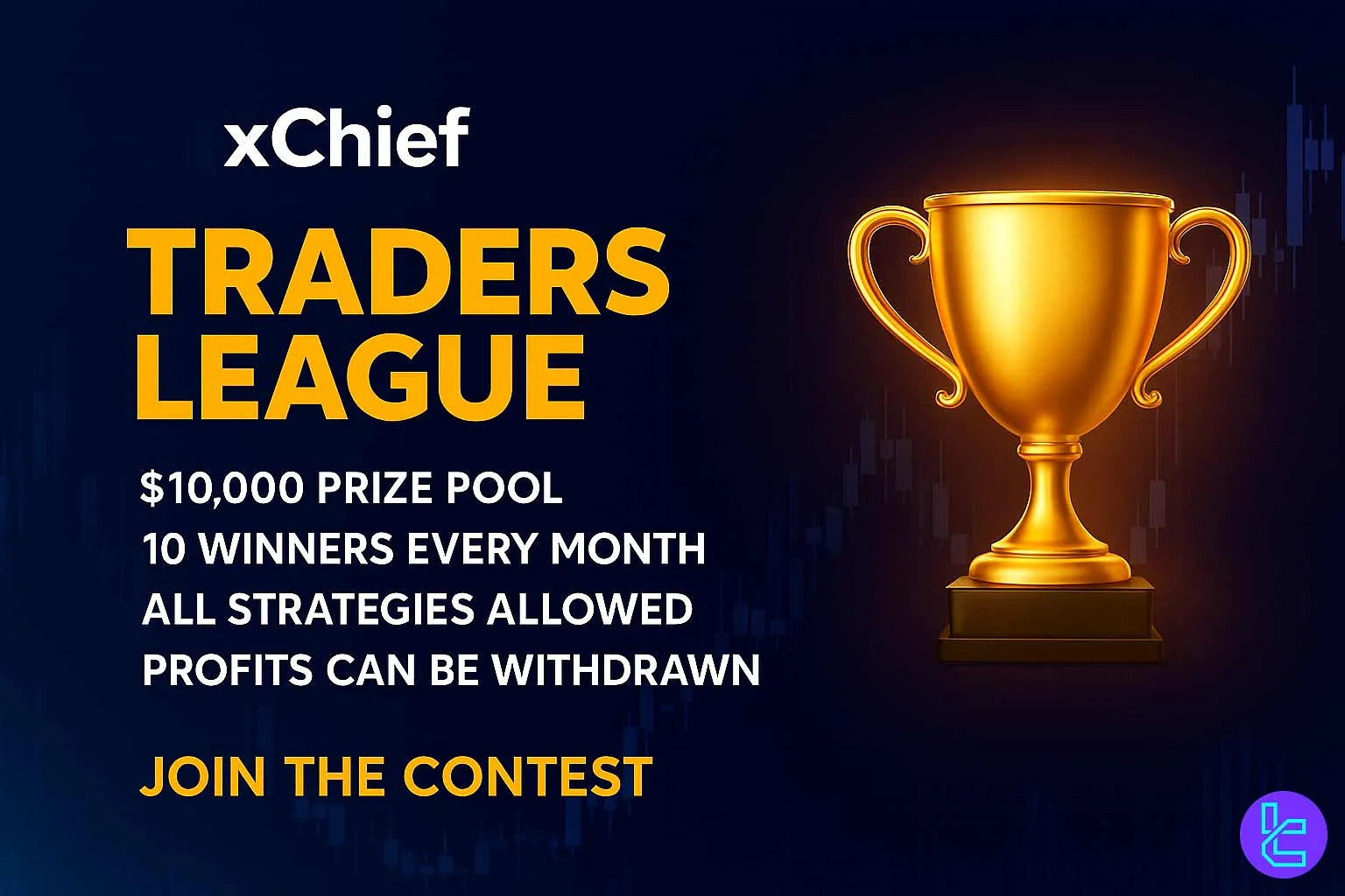 xChief Traders League promotional banner featuring a golden trophy, trading chart background