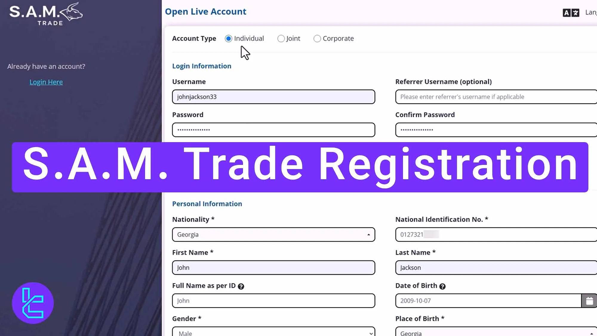 S.A.M. Trade Registration - Date of birth, Username & Nationality [5 Steps] 2025