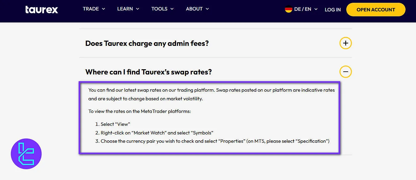 Taurex swap fees