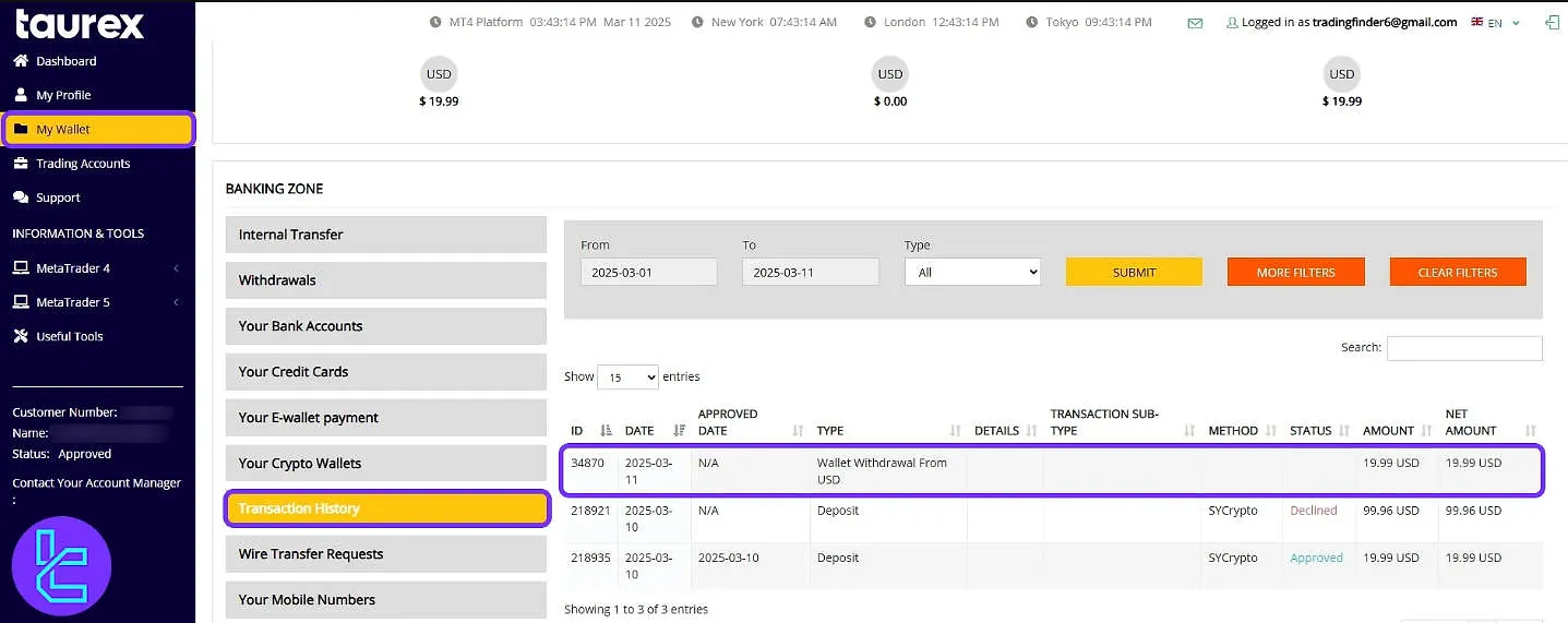 Taurex TRC20 Withdrawal