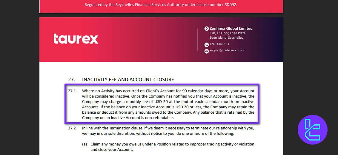 Taurex inactivity fees