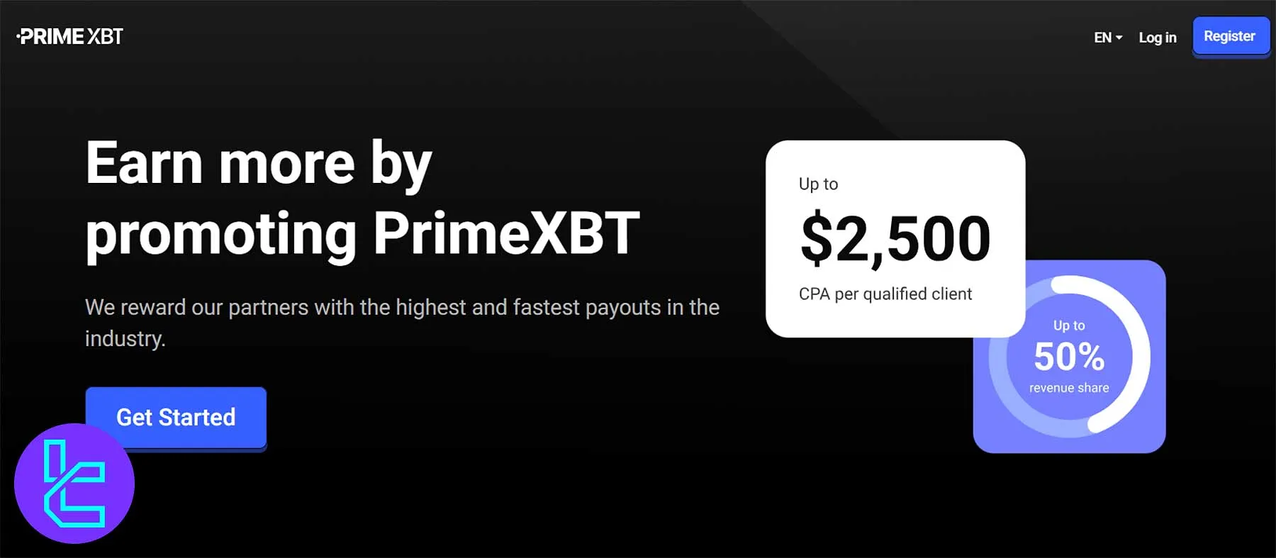 PrimeXBT Partner Program promo with CPA and revenue-share models