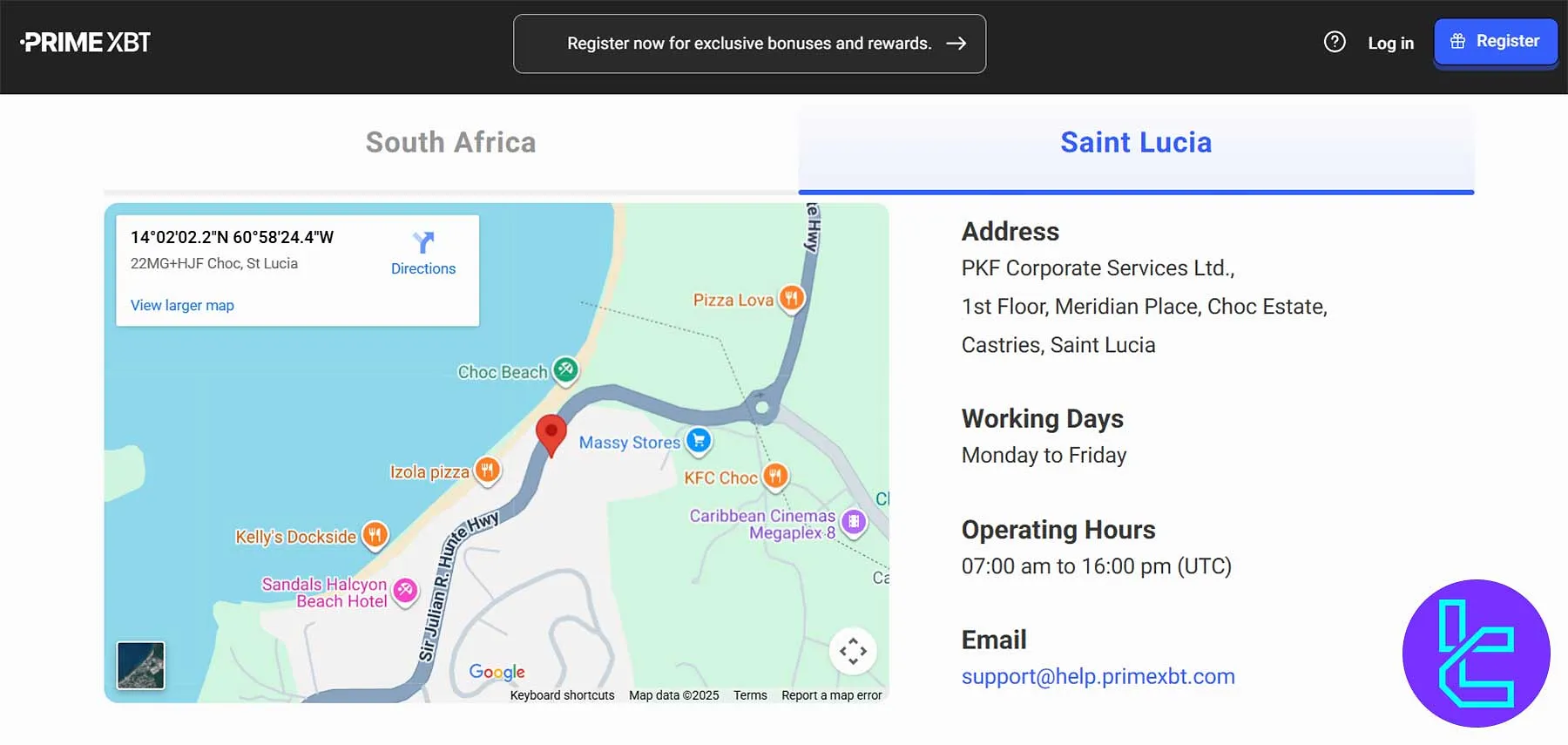 PrimeXBT customer support page displaying live chat, email options, and global office details