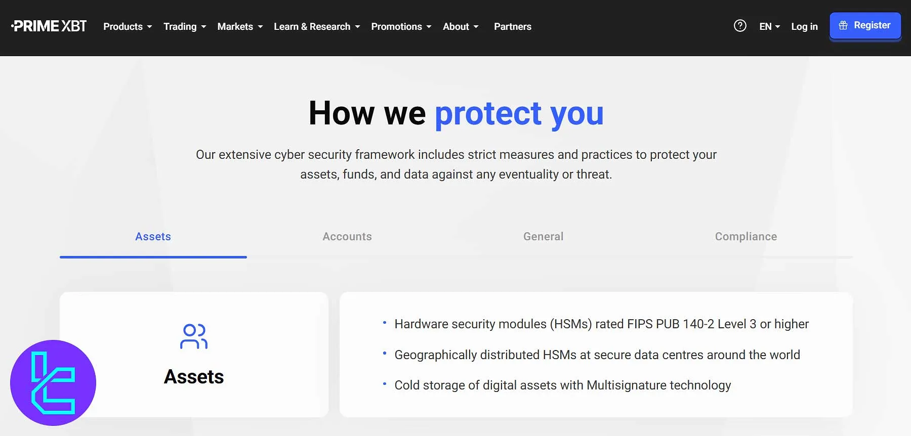 PrimeXBT exchange security overview with asset protection and compliance features