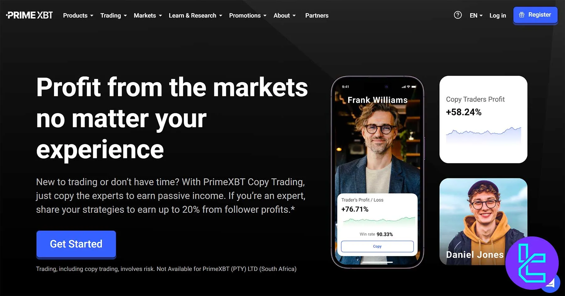PrimeXBT copy trading interface showing expert profiles and follower performance statistics